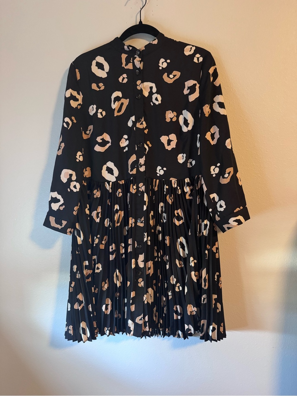 Ann Taylor Black Dress with Beige Leopard Spots, Long Sleeve Pleated Skirt